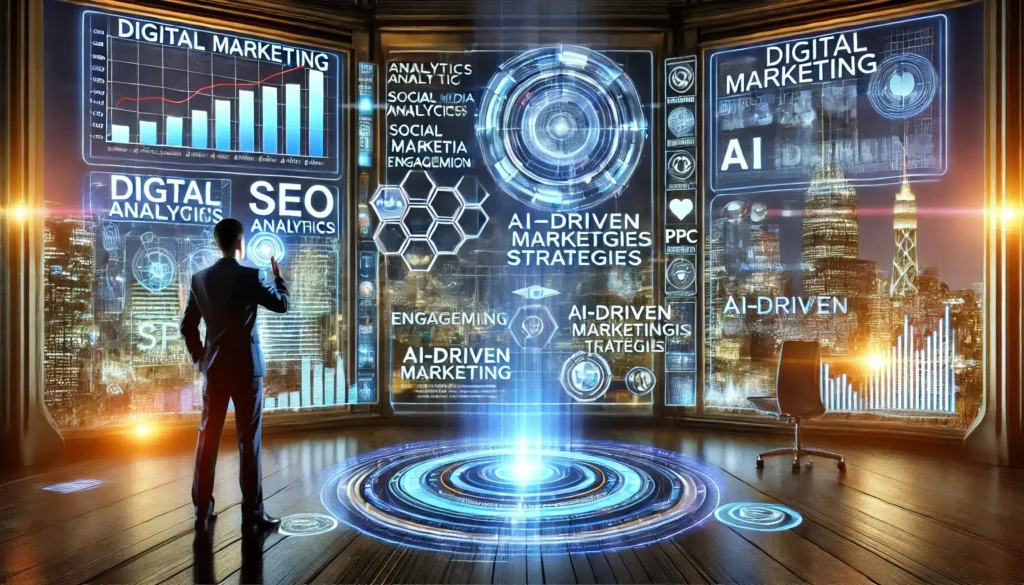 A futuristic representation of digital marketing a high-tech control room with holographic screens displaying data analytics, SEO metrics by the best freelance digital marketing strategist in hyderabad who provides digital marketing services in hyderabad